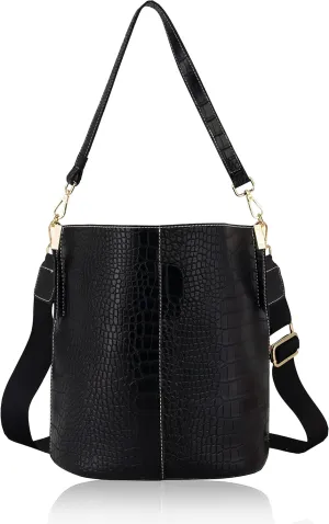 Women's Bucket Bag and Purses Crocodile Leather Crossbody Shoulder Handbags with 2 Straps Large Capacity Retro
