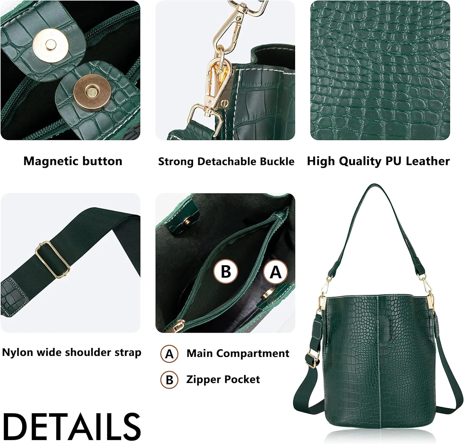 Women's Bucket Bag and Purses Crocodile Leather Crossbody Shoulder Handbags with 2 Straps Large Capacity Retro