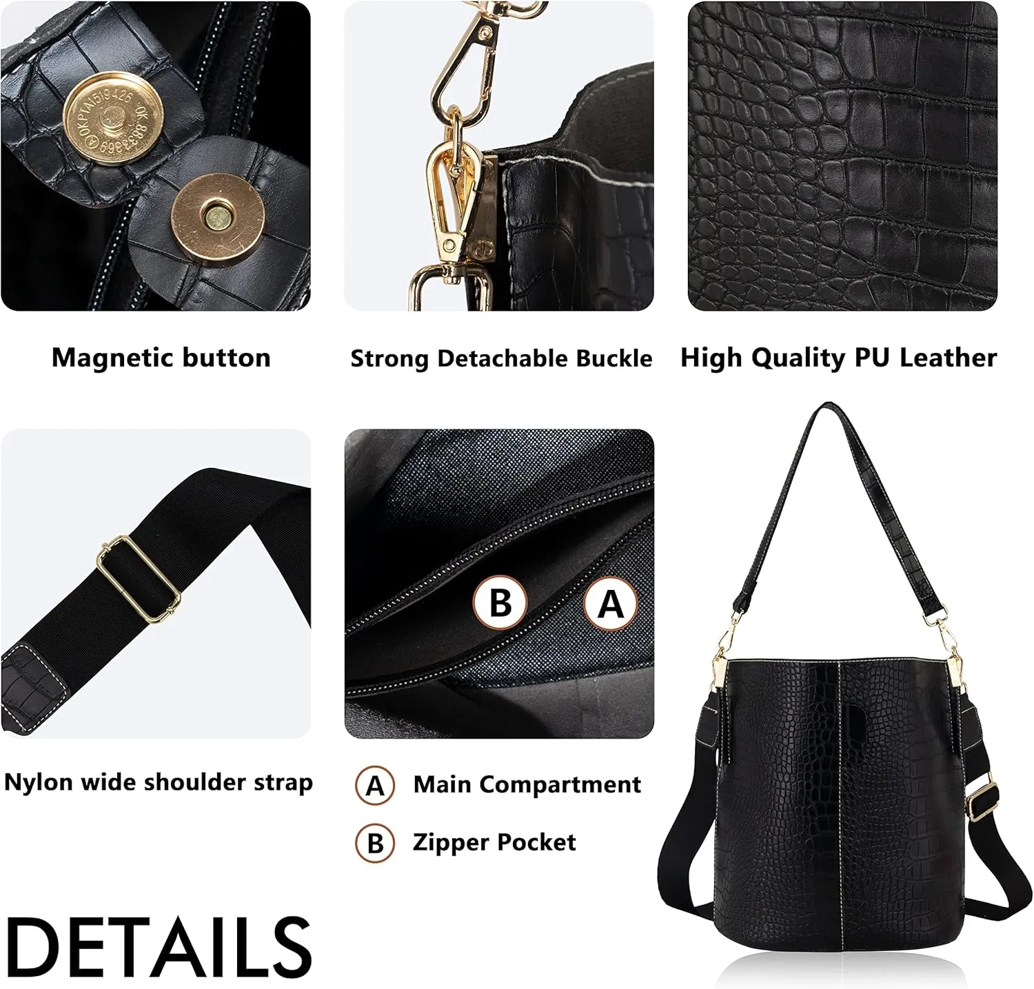 Women's Bucket Bag and Purses Crocodile Leather Crossbody Shoulder Handbags with 2 Straps Large Capacity Retro