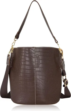 Women's Bucket Bag and Purses Crocodile Leather Crossbody Shoulder Handbags with 2 Straps Large Capacity Retro