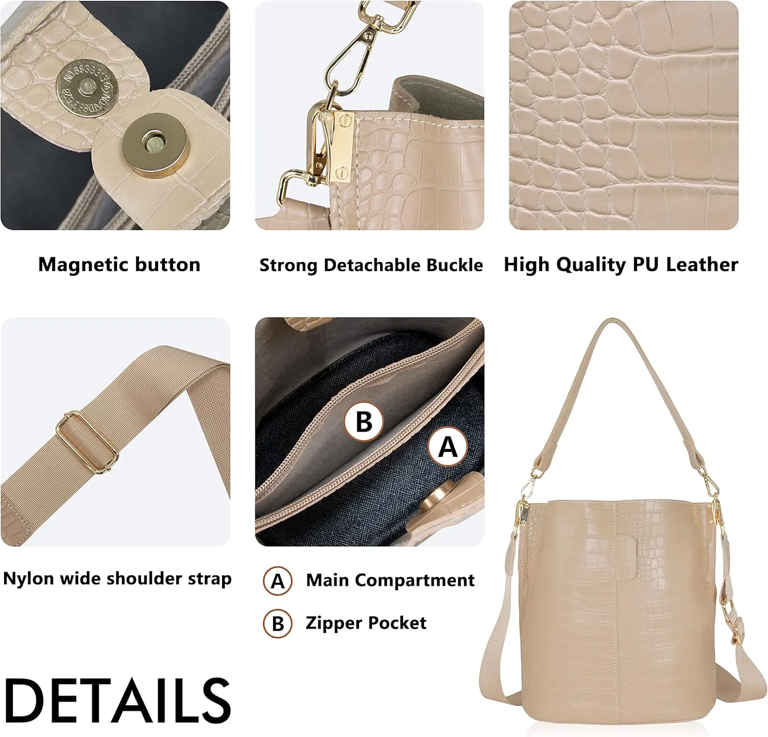 Women's Bucket Bag and Purses Crocodile Leather Crossbody Shoulder Handbags with 2 Straps Large Capacity Retro