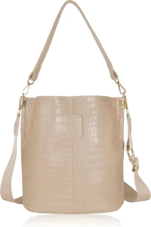 Women's Bucket Bag and Purses Crocodile Leather Crossbody Shoulder Handbags with 2 Straps Large Capacity Retro