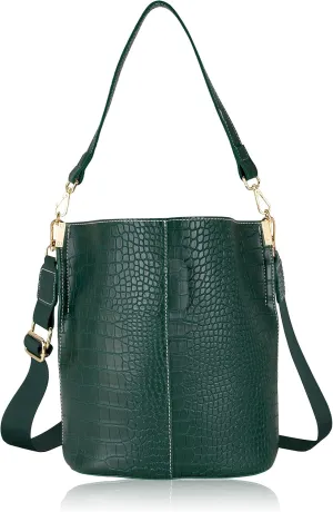 Women's Bucket Bag and Purses Crocodile Leather Crossbody Shoulder Handbags with 2 Straps Large Capacity Retro