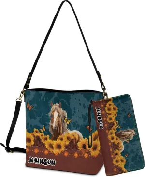 Womens Bucket Crossbody Bag Set Customized Leather Crossbody Handbag with Wrist Wallet for Shopping Travel