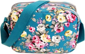 Women's Canvas Flower Pattern Shoulder Messenger Bag Crossbody Messenger Bag with Lots Zipper Pocket Blue
