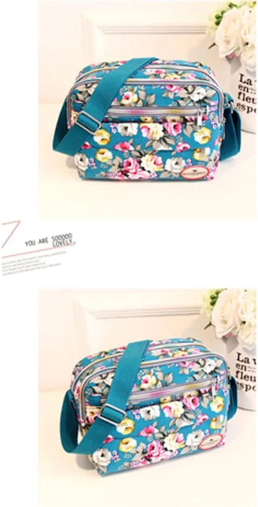 Women's Canvas Flower Pattern Shoulder Messenger Bag Crossbody Messenger Bag with Lots Zipper Pocket Blue