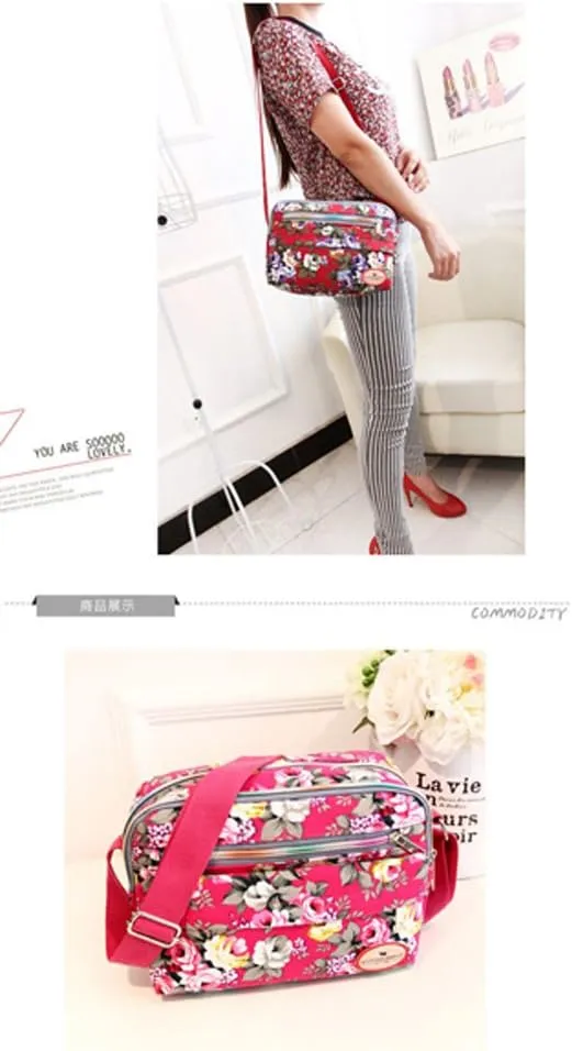 Women's Canvas Flower Pattern Shoulder Messenger Bag Crossbody Messenger Bag with Lots Zipper Pocket Blue