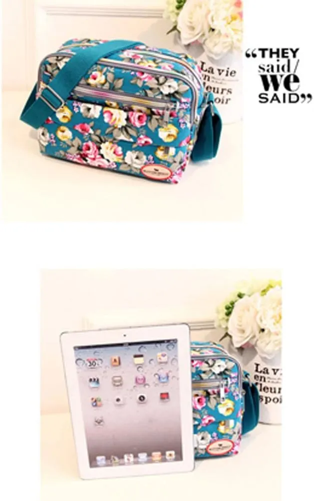 Women's Canvas Flower Pattern Shoulder Messenger Bag Crossbody Messenger Bag with Lots Zipper Pocket Blue