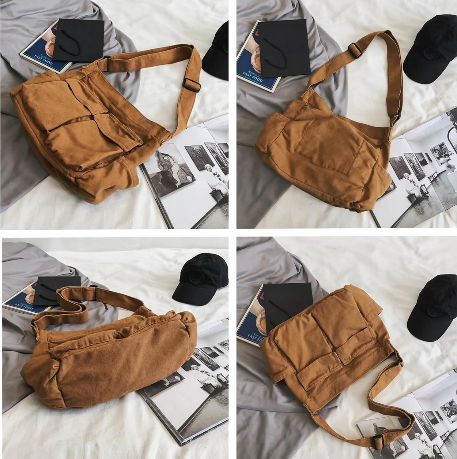 Women's Canvas Messenger Bag Large Capacity Crossbody Bag Travel Shoulder Bag Multi-pocket Grunge Bag