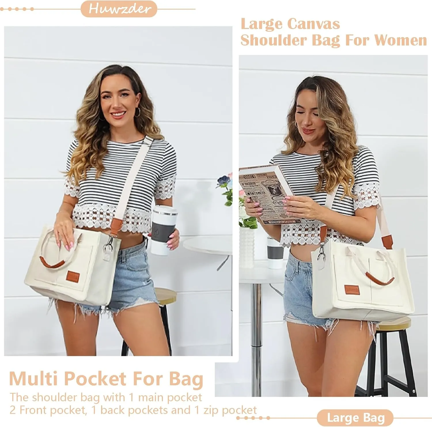 Women's Canvas Tote Bag With Pockets - Casual Crossbody Hobo Messenger Shoulder Handbag