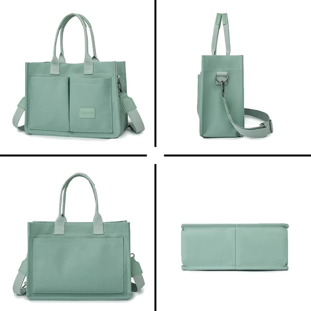 Women's Canvas Tote Bag With Pockets - Casual Crossbody Hobo Messenger Shoulder Handbag