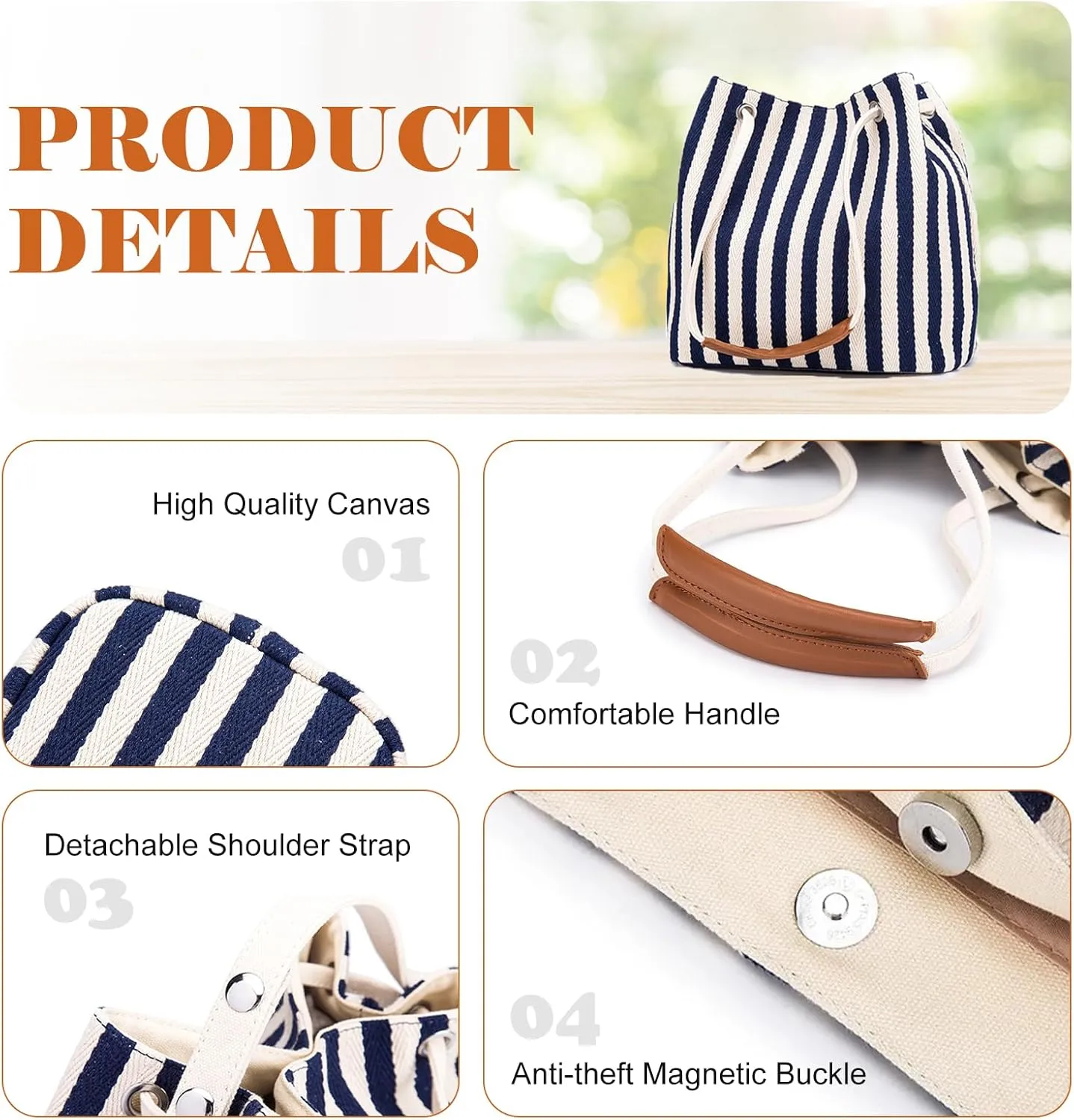 Women's Canvas Tote, Small Bucket Shoulder Crossbody Bag, Striped Beach Tote