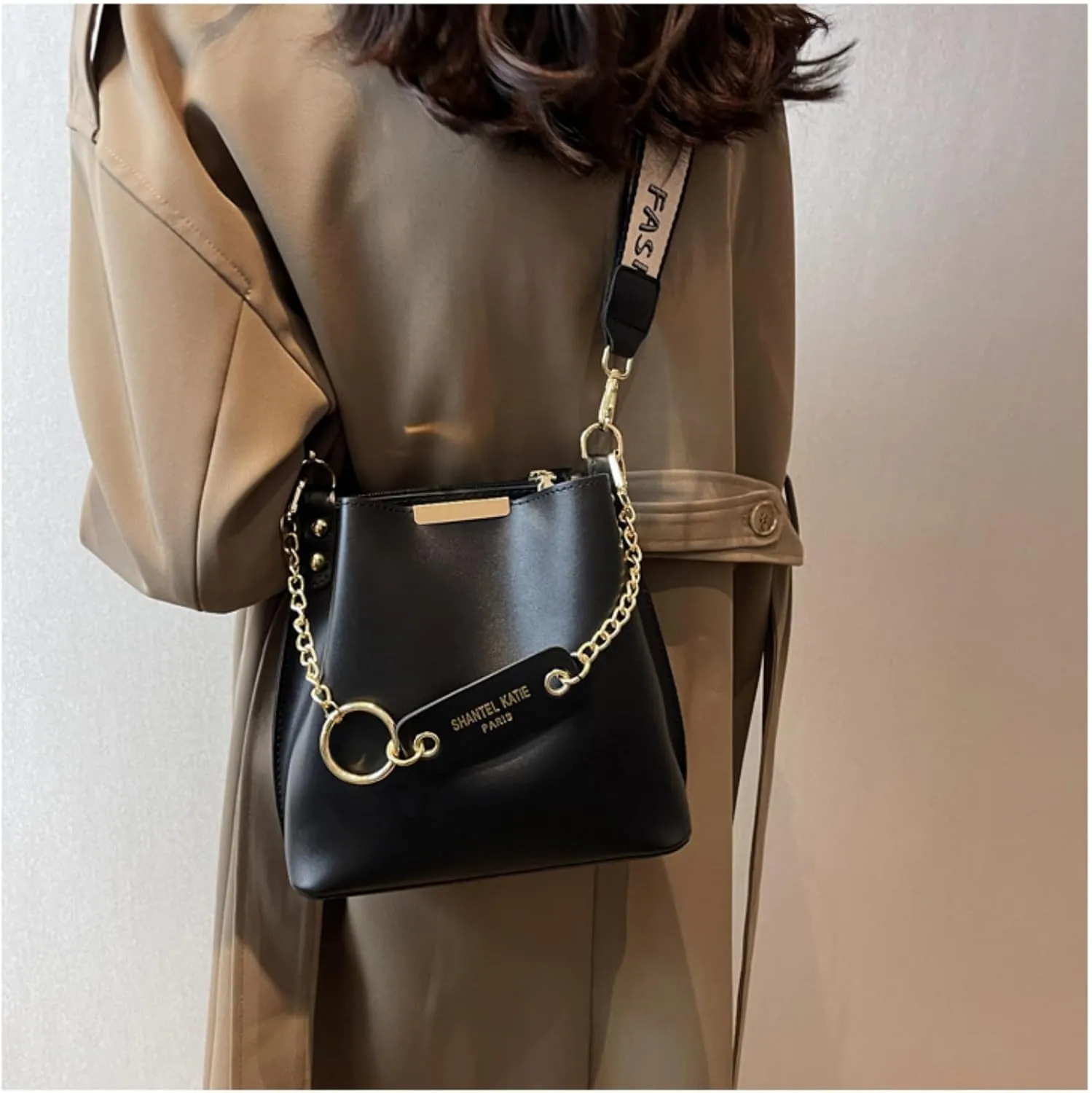 Women's Chic Large Capacity Bucket Bag - Fashionable Wide Strap, Pure Color Design, Travel & Daily Commute