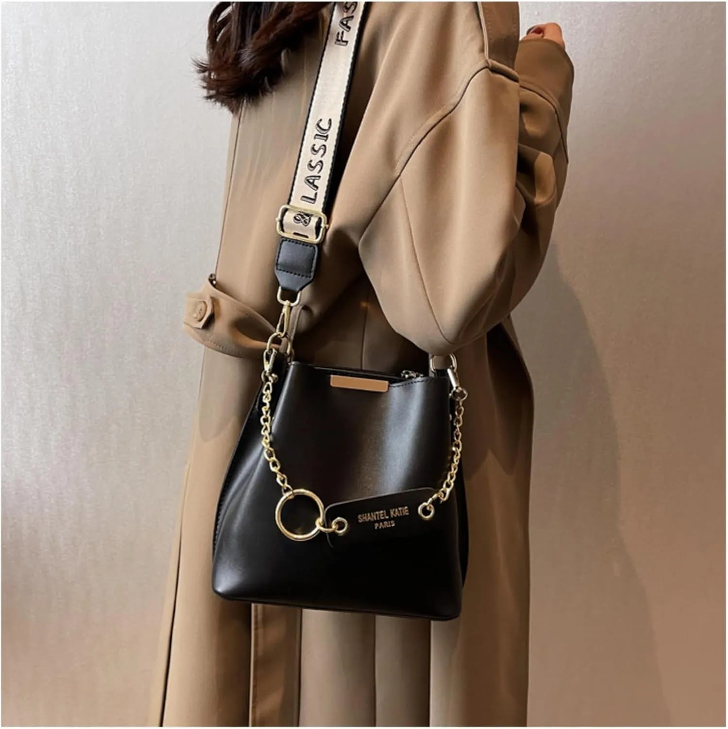 Women's Chic Large Capacity Bucket Bag - Fashionable Wide Strap, Pure Color Design, Travel & Daily Commute