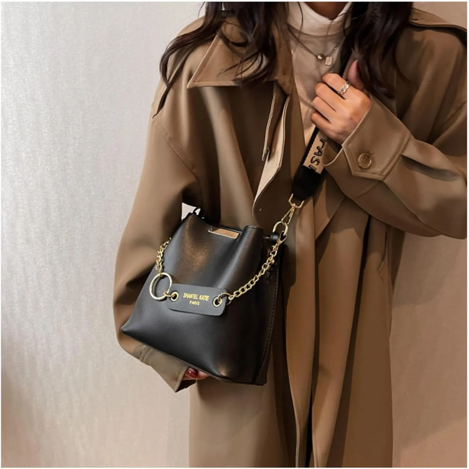 Women's Chic Large Capacity Bucket Bag - Fashionable Wide Strap, Pure Color Design, Travel & Daily Commute
