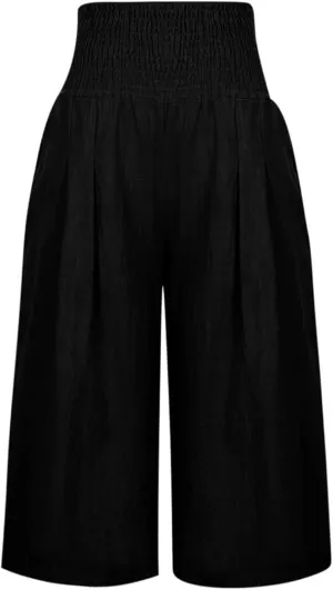 Women's Fashion Cotton Linen Capri Pants Summer Thin Bottoming Cropped Palazzo Pant Casual Loose Wide-Leg Trouser