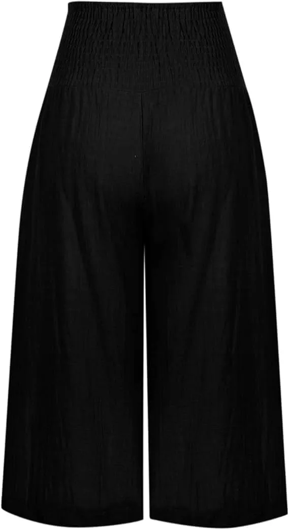 Women's Fashion Cotton Linen Capri Pants Summer Thin Bottoming Cropped Palazzo Pant Casual Loose Wide-Leg Trouser