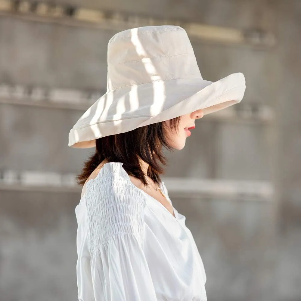 Women's Foldable Flap Cover UV Protective Wide Brim Bucket Cotton Beach Sun Hat Summer Hat