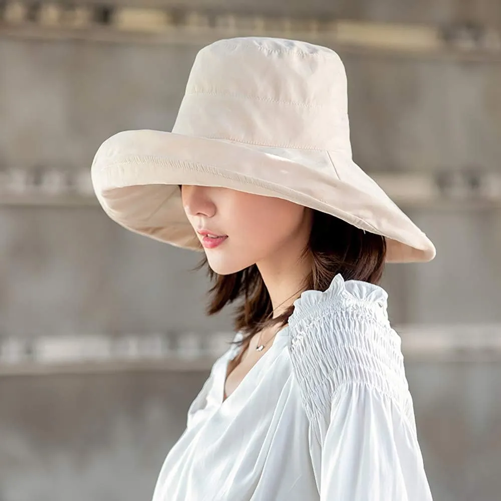 Women's Foldable Flap Cover UV Protective Wide Brim Bucket Cotton Beach Sun Hat Summer Hat