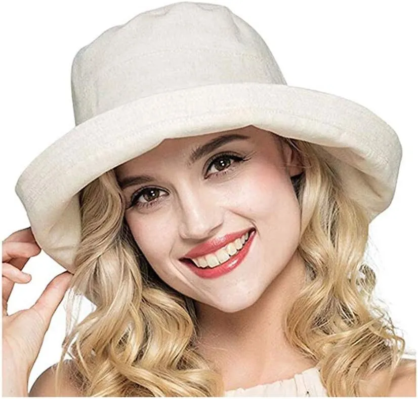Women's Foldable Flap Cover UV Protective Wide Brim Bucket Cotton Beach Sun Hat Summer Hat