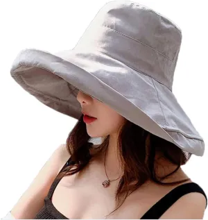 Women's Foldable Flap Cover UV Protective Wide Brim Bucket Cotton Beach Sun Hat Summer Hat