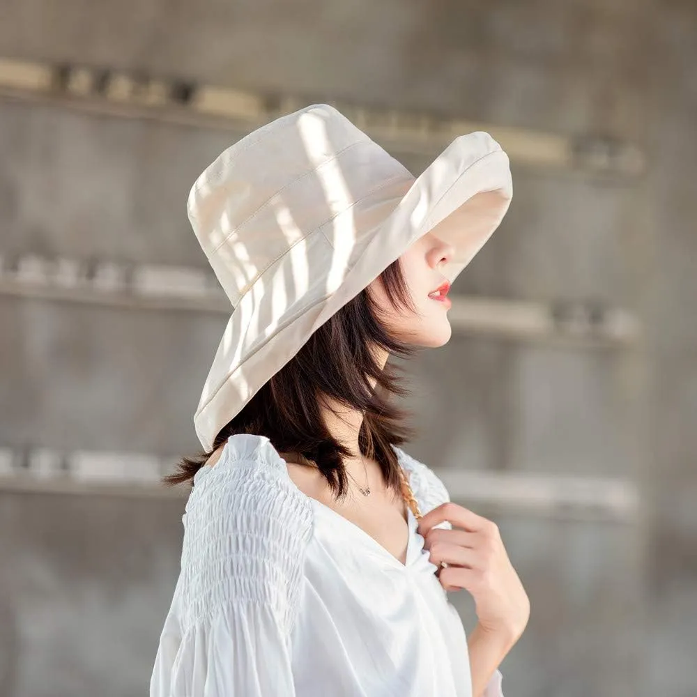 Women's Foldable Flap Cover UV Protective Wide Brim Bucket Cotton Beach Sun Hat Summer Hat