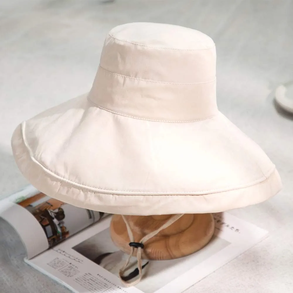 Women's Foldable Flap Cover UV Protective Wide Brim Bucket Cotton Beach Sun Hat Summer Hat