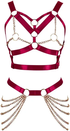Women's Full Cage Body Chain Lingerie Harness Sling Waist Belt Chest Sling Punk Gothic Adjustable Size Stretch Fabric Halloween Rave (Wine Red)
