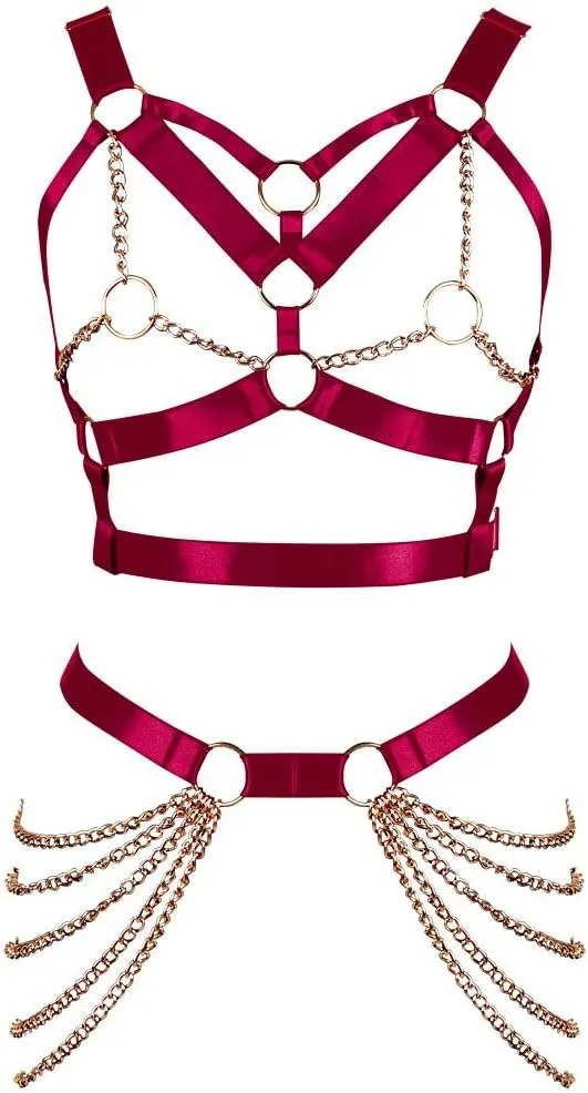Women's Full Cage Body Chain Lingerie Harness Sling Waist Belt Chest Sling Punk Gothic Adjustable Size Stretch Fabric Halloween Rave (Wine Red)