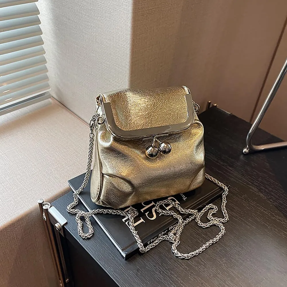Women’s Kiss Lock Shoulder Bag, Leather Bucket Shaped Holder Pocket Crossbody Bag, Mini Lightweight Cell Phone Satchel Pouch