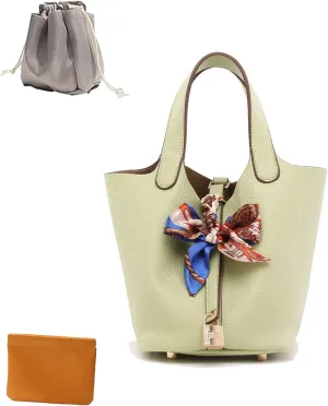 Women's Leather Lock Design Bucket Bag Vegetable Basket, Fashion Lightweight Versatile Shoulder Handbag