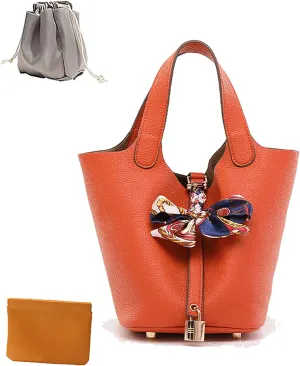 Women's Leather Lock Design Bucket Bag Vegetable Basket, Fashion Lightweight Versatile Shoulder Handbag