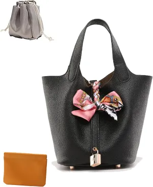 Women's Leather Lock Design Bucket Bag Vegetable Basket, Fashion Lightweight Versatile Shoulder Handbag