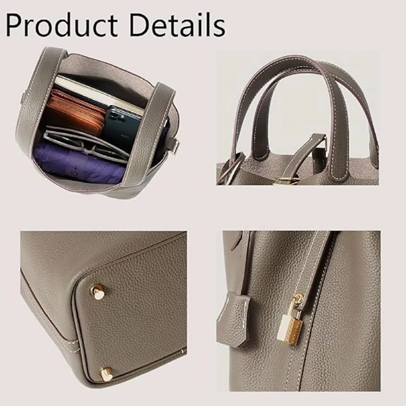Women's Leather Lock Design Bucket Bag Vegetable Basket, Fashion Lightweight Versatile Shoulder Handbag