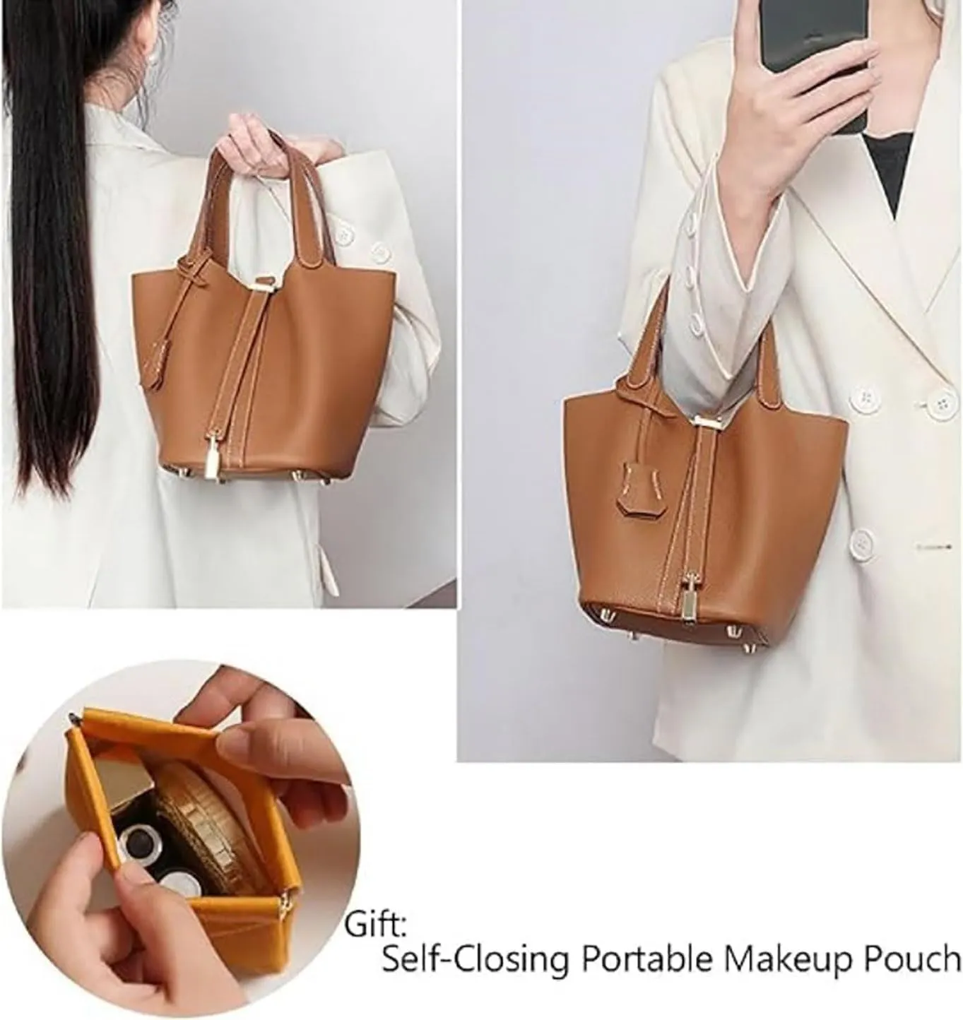 Women's Leather Lock Design Bucket Bag Vegetable Basket, Fashion Lightweight Versatile Shoulder Handbag