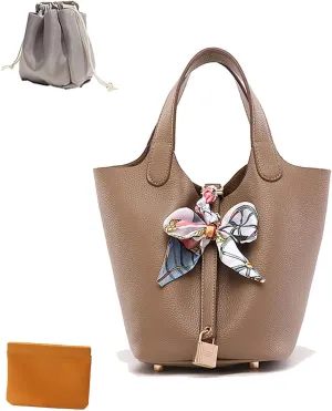 Women's Leather Lock Design Bucket Bag Vegetable Basket, Fashion Lightweight Versatile Shoulder Handbag