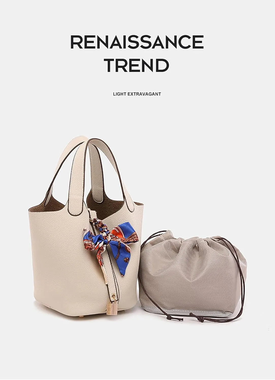 Women's Leather Lock Design Bucket Bag Vegetable Basket, Fashion Lightweight Versatile Shoulder Handbag