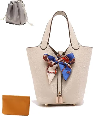 Women's Leather Lock Design Bucket Bag Vegetable Basket, Fashion Lightweight Versatile Shoulder Handbag