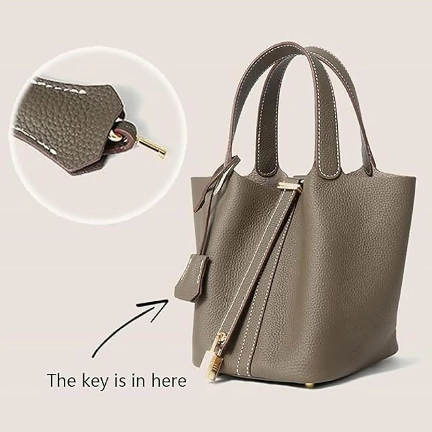 Women's Leather Lock Design Bucket Bag Vegetable Basket, Fashion Lightweight Versatile Shoulder Handbag