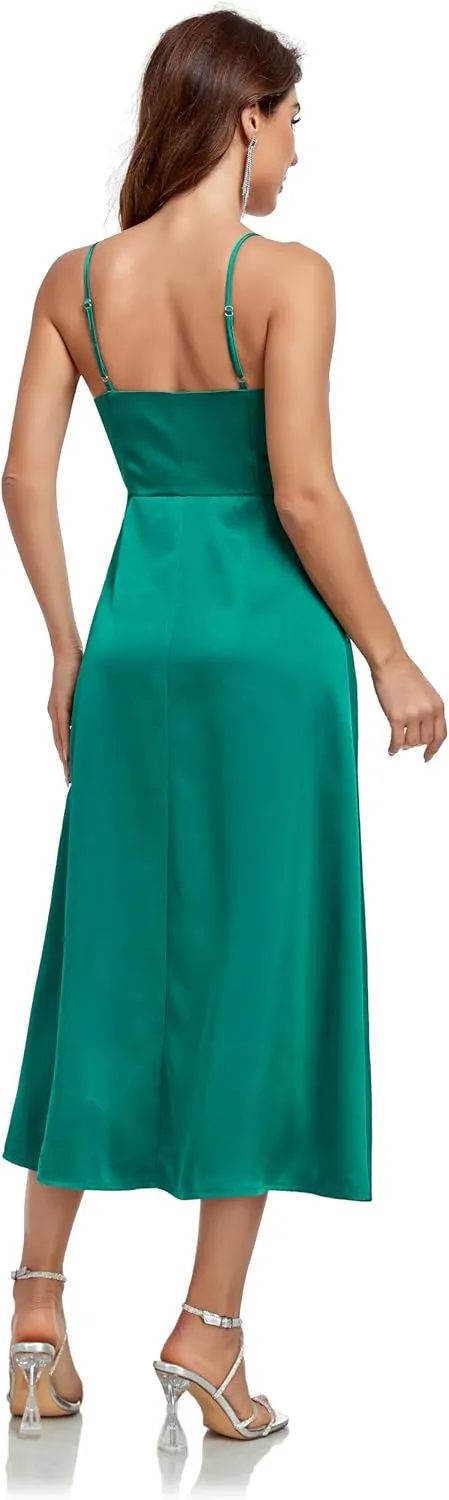 Womens Midi Satin Silk Spaghetti Strap Dresses Slip V Neck Cocktail Casual Party Sexy Dress