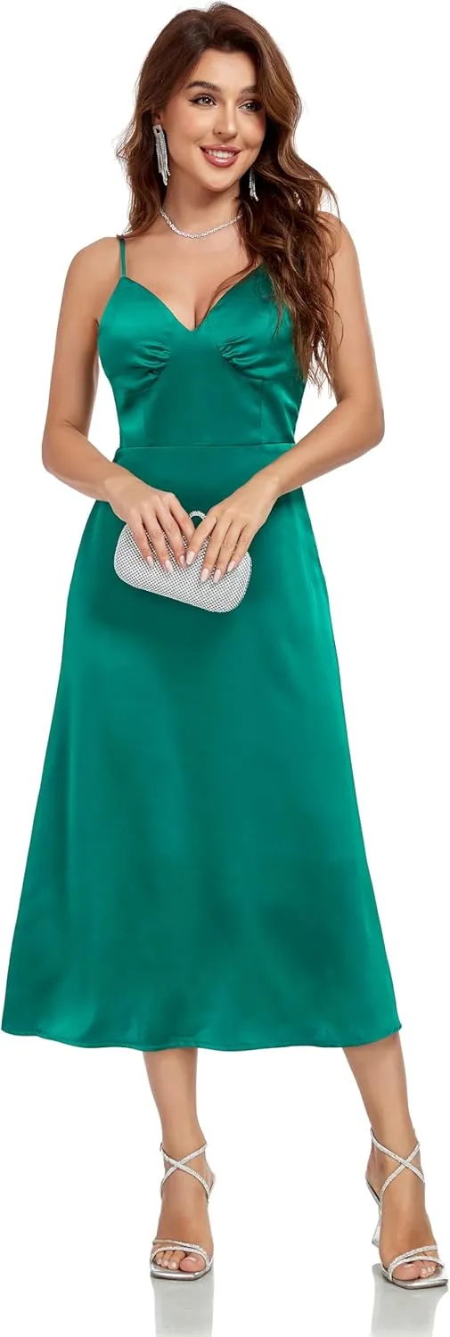 Womens Midi Satin Silk Spaghetti Strap Dresses Slip V Neck Cocktail Casual Party Sexy Dress