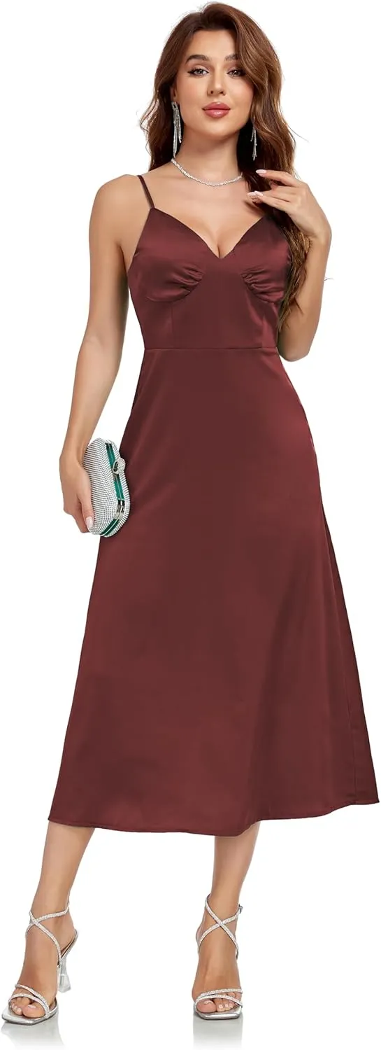 Womens Midi Satin Silk Spaghetti Strap Dresses Slip V Neck Cocktail Casual Party Sexy Dress