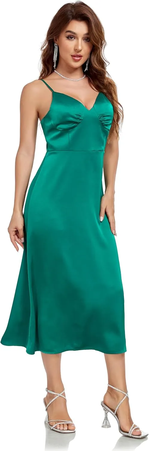 Womens Midi Satin Silk Spaghetti Strap Dresses Slip V Neck Cocktail Casual Party Sexy Dress