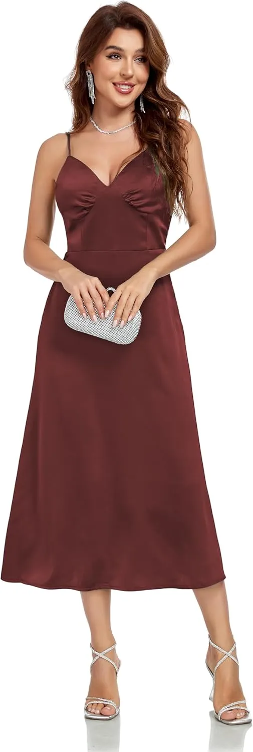 Womens Midi Satin Silk Spaghetti Strap Dresses Slip V Neck Cocktail Casual Party Sexy Dress