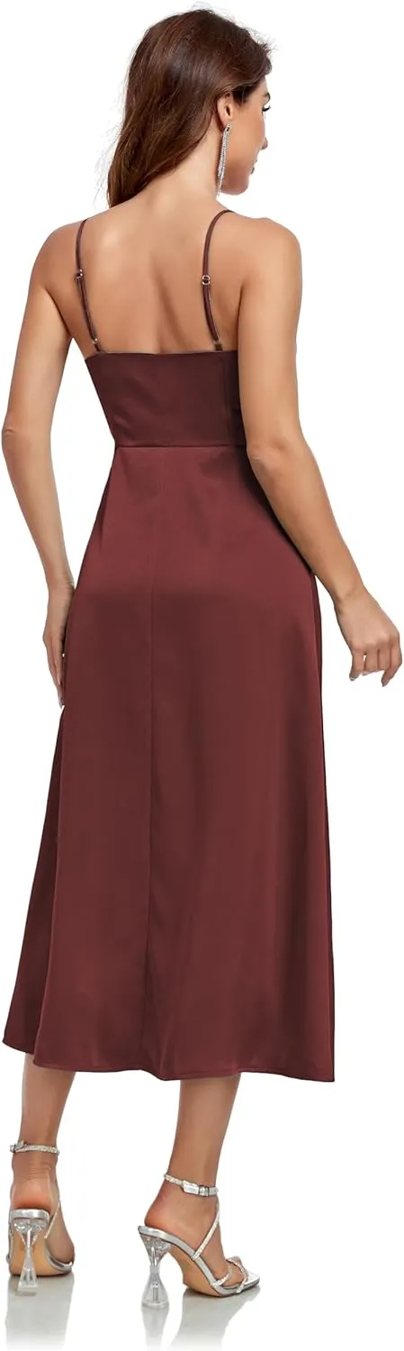 Womens Midi Satin Silk Spaghetti Strap Dresses Slip V Neck Cocktail Casual Party Sexy Dress
