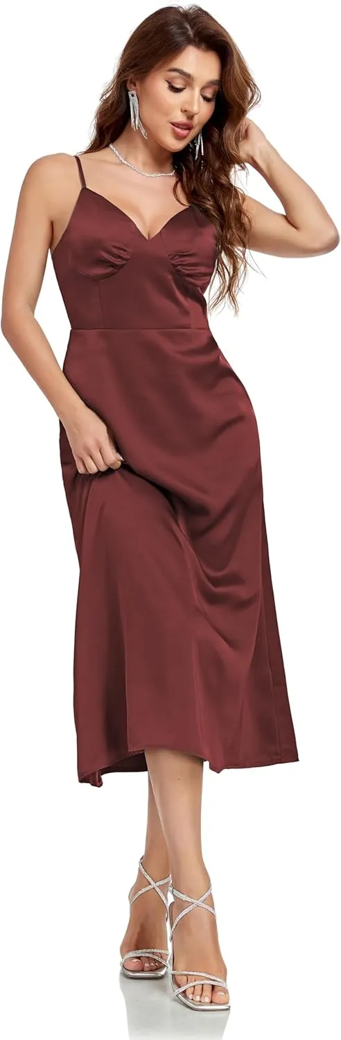 Womens Midi Satin Silk Spaghetti Strap Dresses Slip V Neck Cocktail Casual Party Sexy Dress