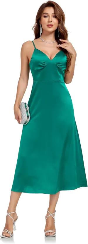 Womens Midi Satin Silk Spaghetti Strap Dresses Slip V Neck Cocktail Casual Party Sexy Dress