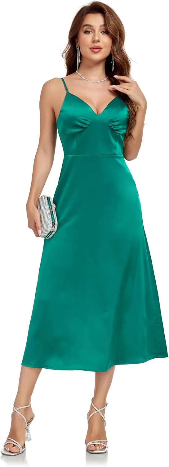 Womens Midi Satin Silk Spaghetti Strap Dresses Slip V Neck Cocktail Casual Party Sexy Dress
