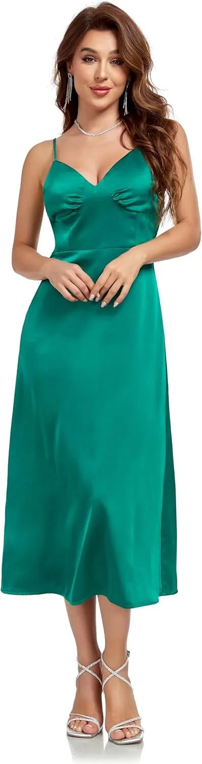 Womens Midi Satin Silk Spaghetti Strap Dresses Slip V Neck Cocktail Casual Party Sexy Dress