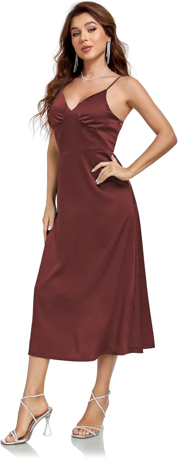 Womens Midi Satin Silk Spaghetti Strap Dresses Slip V Neck Cocktail Casual Party Sexy Dress